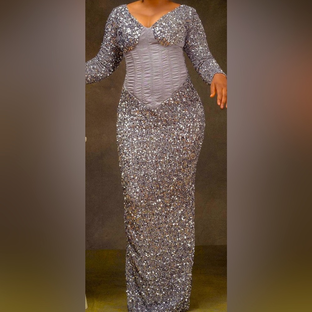 Sliver Sequin Corset Long-sleeve Occassion Dress - Picture 3 of 8
